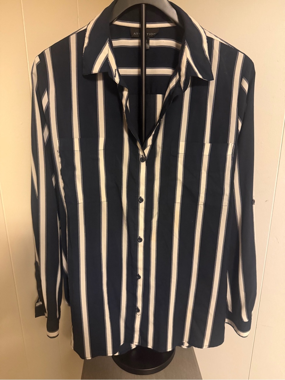 attention Navy and White Striped Button-Down Shirt